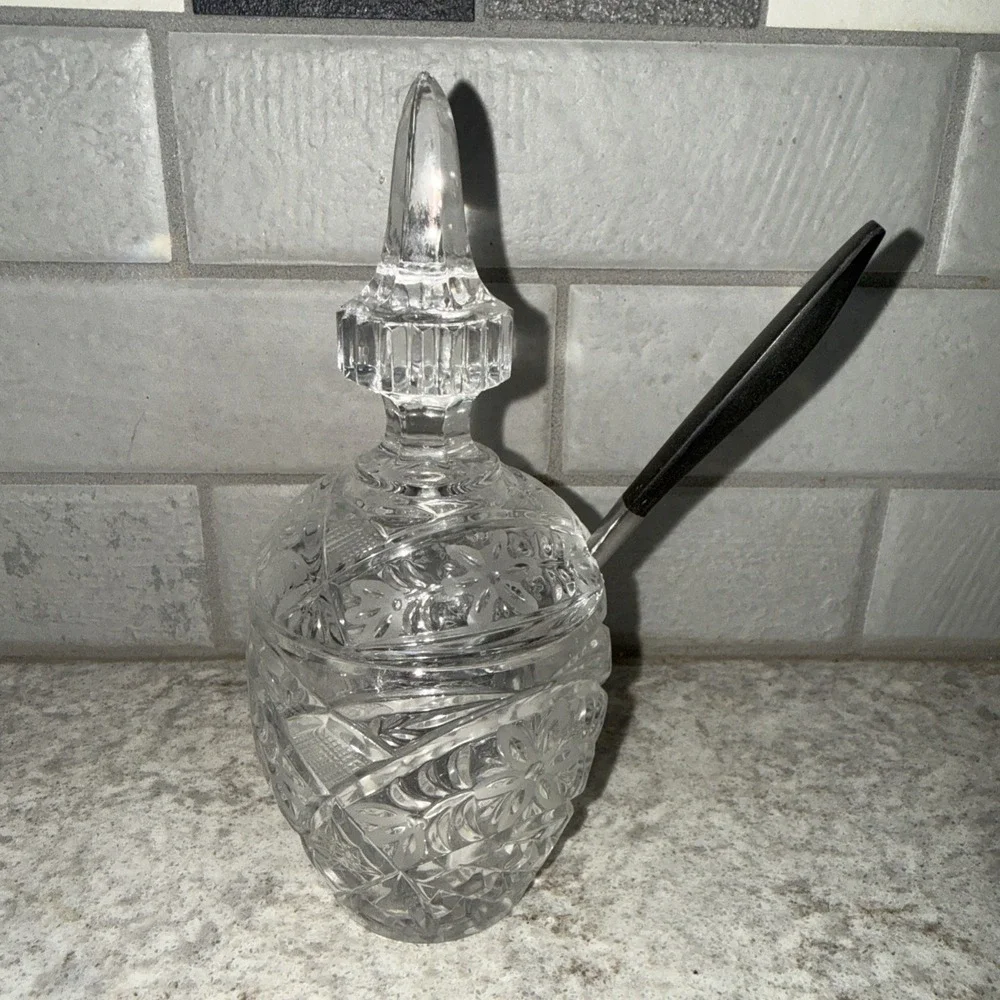 Vintage Clear Cut Glass Covered Sugar Bowl Candy Dish W lid 7 In Floral Etched